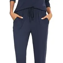 Damen Schlafanzug Winter Baumwolle, bequemes Set mit Knöpfen und Kordelzug, elastisch, Navy, Größe L