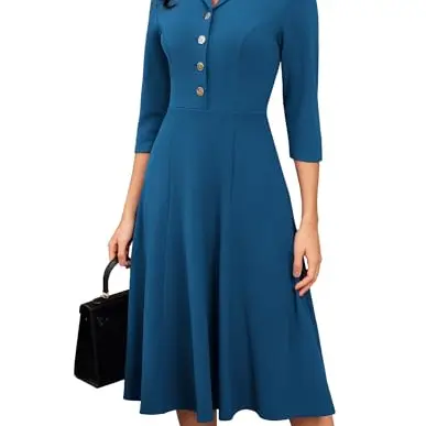 GRACE KARIN Damen Cocktailkleid mit 3/4 Ärmeln in Marineblau, A-Linie