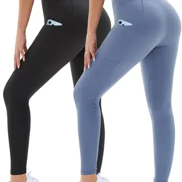DDOBB 2er Pack High Waist Sport Leggings Damen mit Taschen - Blickdicht Schwarz & Blau, XXL