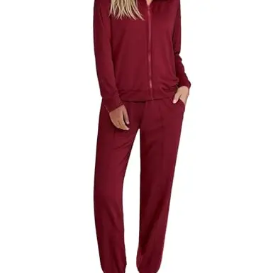 Terecey Damen Trainingsanzug Langarm Jogginganzug Bequeme Jacke und Hose, Atmungsaktiv, Rot, Größe L