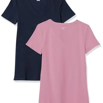 Amazon Essentials Damen Kurzärmliges T-Shirt, 2er-Pack, Marineblau/Hellrosa, XXL