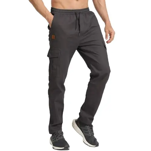 JustSun Herren Cargo Jogginghose aus Baumwolle, elastische Taille, mehrere Taschen, lang, dunkelgrau, Größe M