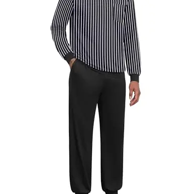 Ekouaer Herren Schlafanzug Langarm, gestreift, mit Taschen, schwarz, Zweiteiliger Pyjama für Winter