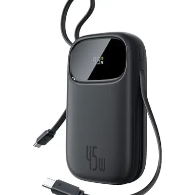 Baseus QPow3 Powerbank 20000mAh 45W mit 2 USB-C Kabeln, Schnellladung für iPhone, iPad, Galaxy - Schwarz