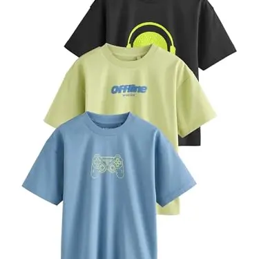NEXT Jungen Regular Fit Kurzarm-T-Shirts mit Grafik, 3er-Pack Blue/Black/Green Numeric_110