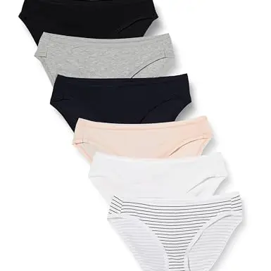 Amazon Essentials Damen Bikini-Slips aus Baumwolle, 6 Stück, Mehrfarbig/Heide/Streifen, bis Größe 40