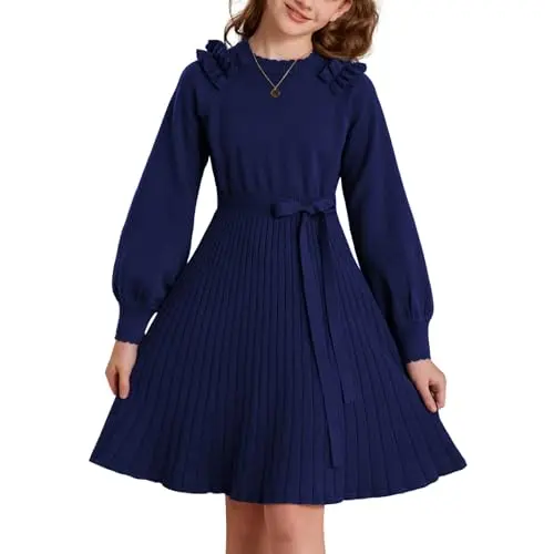GRACE KARIN Mädchen Langarm A-Linie Kleid mit Rüschen in Marineblau, 8 Jahre