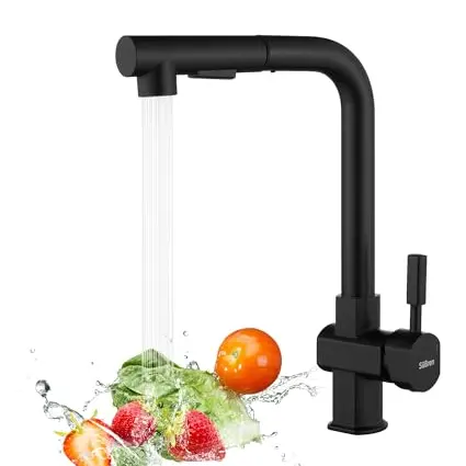 Schwarzer Küchenwasserhahn mit Brause, 360° schwenkbar, zwei Strahlarten, ausziehbar, Edelstahlarmatur