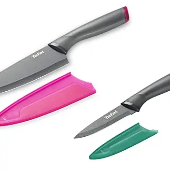 Tefal Kochmesser Set 2er | 15 cm und 9 cm | Edelstahl mit Antihaftbeschichtung | spülmaschinenfest | Schwarz/Pink/Grün