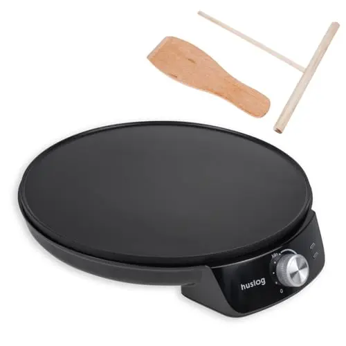 Huslog Crêpes Maker 29 cm, 1200W, Antihaft-Platte für süße und herzhafte Crepes, Schwarz