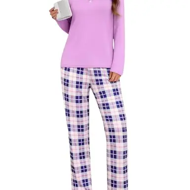 Uniexcosm Damen Schlafanzug Set, Langarm Pyjama aus Baumwolle, V-Ausschnitt, Karierte Hose, Hellviolett, Größe L