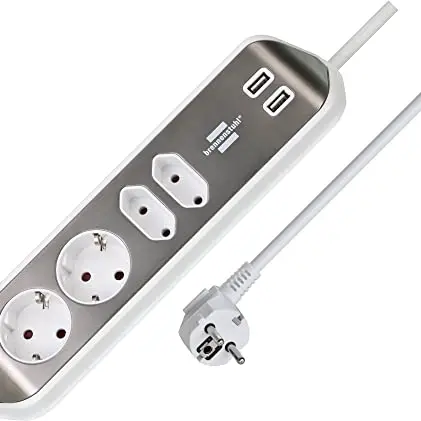 Brennenstuhl Estilo Ecksteckdosenleiste 4-Fach mit USB-Ladefunktion, Tischsteckdose Edelstahl, Silber/weiß