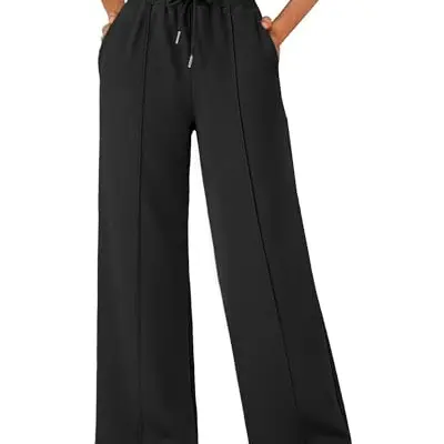 Damen Jogginghose mit elastischem Bund, weite Beine, Freizeithose, Traininghose mit Taschen, Schwarz, Größe L