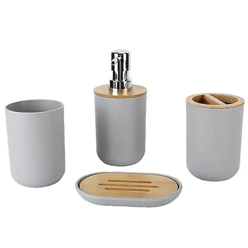 Natudeco 4-teiliges Badezimmer-Zubehör-Set - Bad Accessoires, Zahnbürstenhalter, Seifenschale, Lotionspender