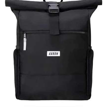 AARON Rolltop Rucksack Damen & Herren, mit Laptopfach, AirTag Halter, aus recyceltem PET, für Uni, Reisen, Alltag, schwarz mit Blumen