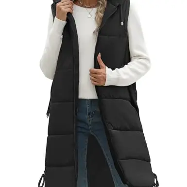 Tuopuda Damen Steppweste mit Kapuze für Herbst und Winter, Ärmellos, Schwarz, Größe L