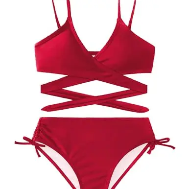 Arshiner Mädchen Zweiteiliger Badeanzug Set - Criss Cross Bustier & Bikinislip für 7-8 Jahre, Rot