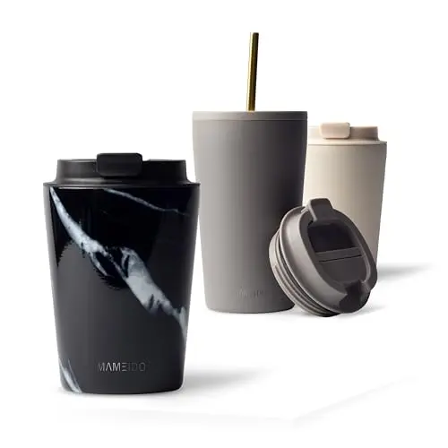 MAMEIDO Thermobecher 350 ml - Auslaufsicherer Edelstahl Kaffeebecher to go (Black Marble)