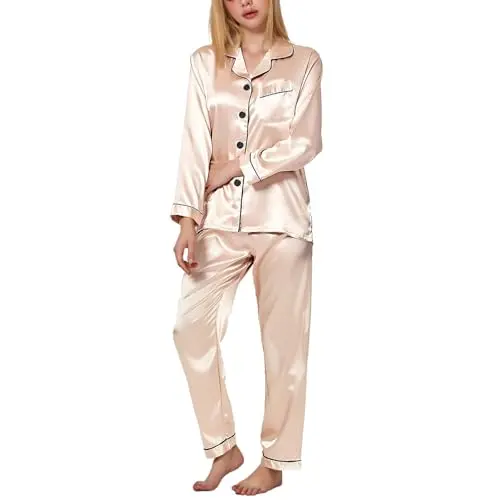 TANTOMI Satin Schlafanzug Damen, zweiteiliges Pyjama-Set mit V-Ausschnitt – ideal für gemütliche Nächte