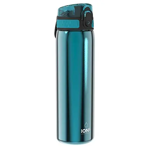 ION8 Leichte Stahl-Trinkflasche 600 ml - Auslaufsicher, Einhandöffnung, Spülmaschinenfest, Klappdeckel, Tragegriff, Aqua