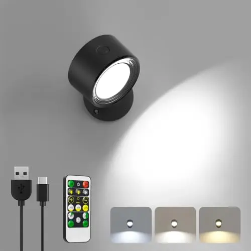 Akku LED Wandleuchte mit Fernbedienung, Dimmbar in 3 Farbmodi, Kabellos und 360° drehbar, ideal für Wohnzimmer und Schlafzimmer