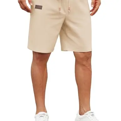 COOFANDY Herren Leinen Shorts, Sommerhose mit Gummizug, Strandshorts, Regular Fit, mit Taschen, Hell Khaki