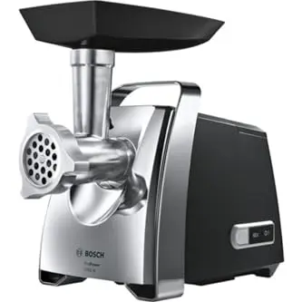 Bosch Fleischwolf ProPower MFW67440, Wurstaufsatz, 3 Edelstahl Scheiben, Kebbe-Aufsatz, Schwarz/Silber