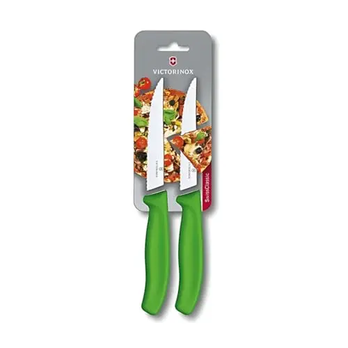 Victorinox Swiss Classic Pizza- und Steakmesser-Set, 2 Teile, 11 cm, scharfe Klingen, Wellenschliff, Kunststoffgriff, rostfrei, grün