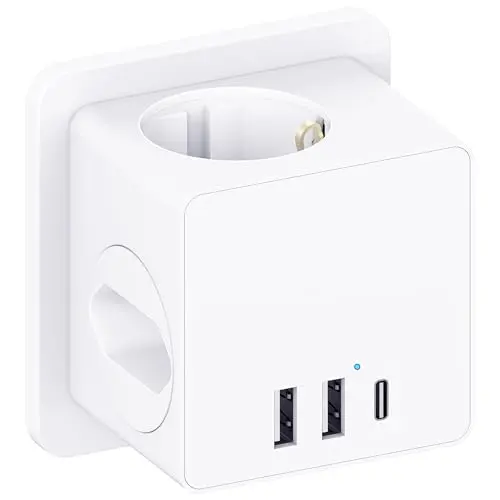 Steckdosenwürfel mit USBC, 4000W, 3 USB, Überspannungsschutz & Kindersicherung