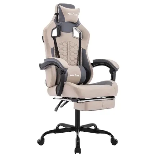 SUKIDA Ergonomischer Gaming Stuhl mit Fußstütze und Kopfstütze - Höhenverstellbar für Homeoffice und Gaming - Beige