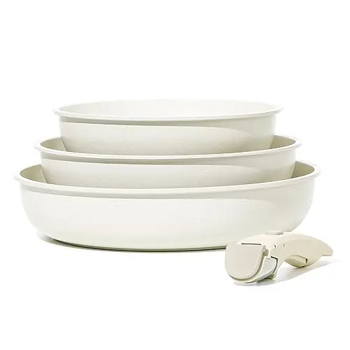 CAROTE Pfannen-Set 4 tlg - Bratpfannen 22/26/30cm, Antihaft, abnehmbarer Griff, stapelbar, leicht zu reinigen, backofenfest, für Induktion, Weiß