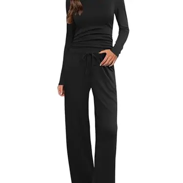 Ekouaer Damen Schlafanzug Zweiteiler, Langarm, warm, Schwarz, XL