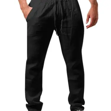 Runcati Herren Leinenhose, Einfarbig, Sommer, Loose Fit, Kordelzug, Urlaub & Strand, Schwarz, M