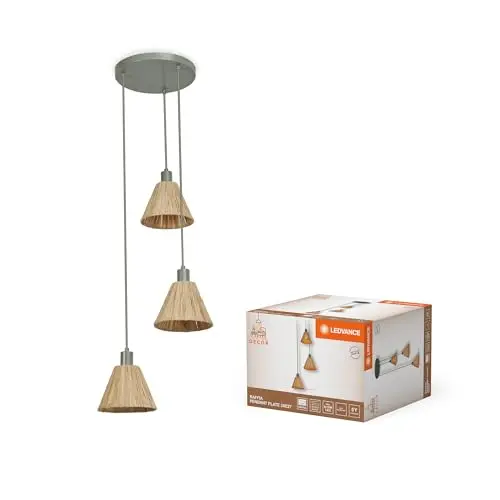 LEDVANCE Pendelleuchte 3-flammig Decor Raffia Plate grün, E27, 430 mm Durchmesser, nachhaltiges Design