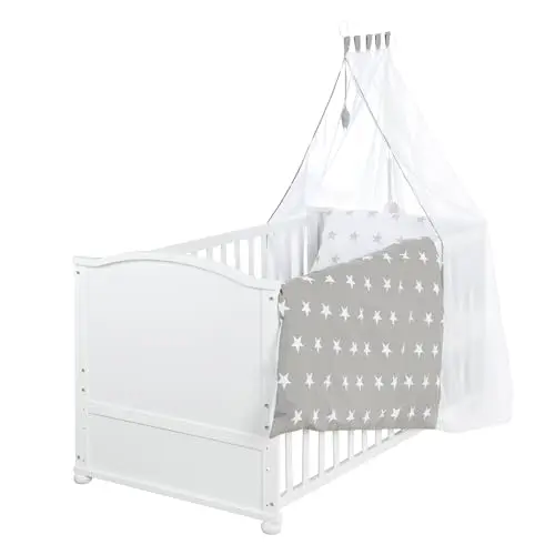 roba Babybett Little Stars 70 x 140 cm mit Textilien, höhenverstellbar, umbaubar, weiß