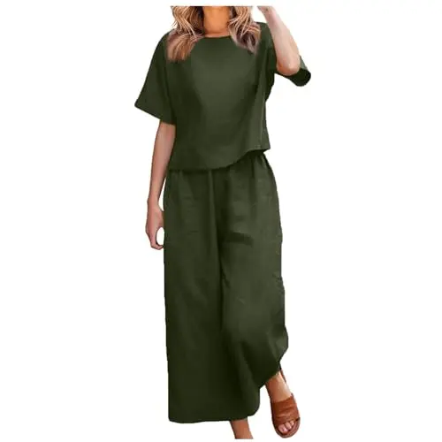 EMATOP Damen Leinen Outfit - Leichte Baumwollbluse und lange Hosen, eleganter Freizeitanzug