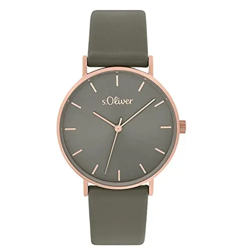 s.Oliver Damen Armbanduhr Analog mit Lederarmband in Grau, 3 bar wasserdicht, inklusive Geschenkbox, 2033488