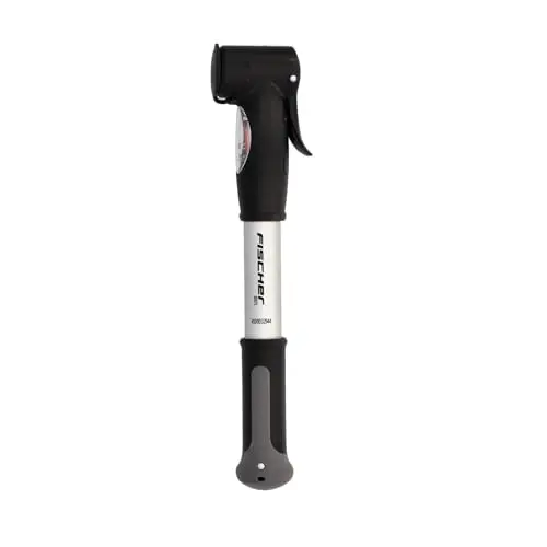 FISCHER Mini-Luftpumpe mit Manometer, für alle Ventile, kompakt und aus Aluminium, Silber