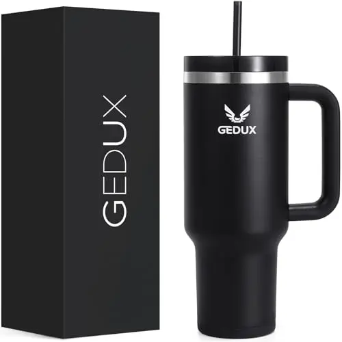 Gedux Trinkflasche 1.2L mit Strohhalm - Auslaufsicherer Thermobecher mit Henkel