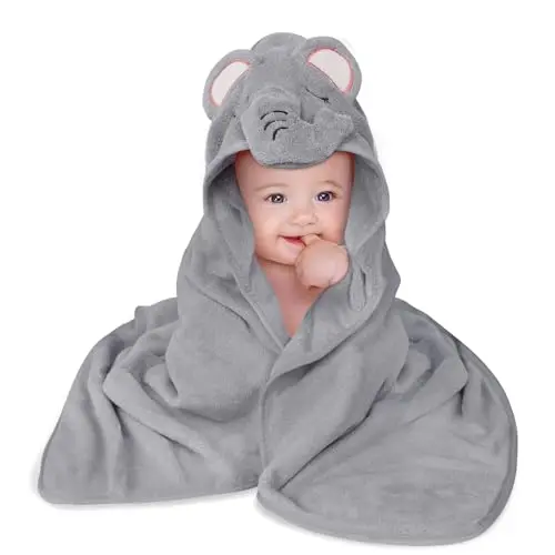 Baby Kapuzenhandtuch 80 x 80 cm, Babybadetuch mit Kapuze, Bademantel aus Korallenvlies, Grau Elefant
