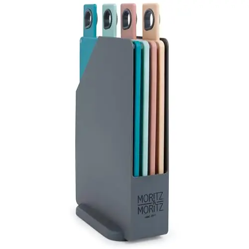 Moritz & Moritz Frühstücksbrettchen Set mit Ständer – 4 Stück, 20,5 x 14,5 cm, spülmaschinenfest, bunt