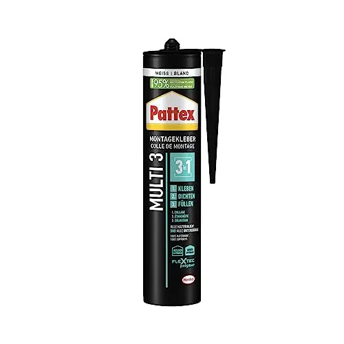 Pattex Montage Multi 3, 3in1 Montagekleber, wetterbeständiger Baukleber für innen & außen, weiß, 1x390g Kartusche