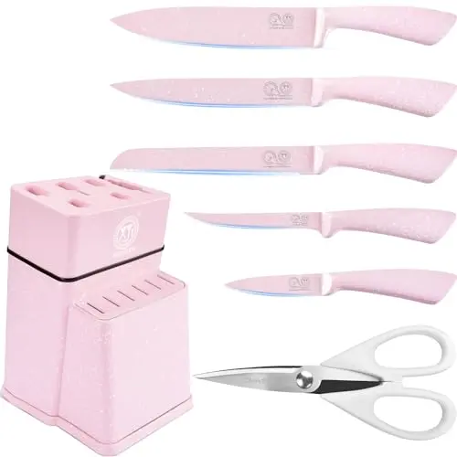 XYJ Knife Block Set - Pink Stainless Steel Kitchen Knives with Holder - Professional Cooking Kit
