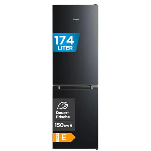 Comfee Kühlschrank mit Gefrierfach, 174L Kühl-Gefrierkombination, 150 cm hoch, 39 dB, LED-Licht, schwarz