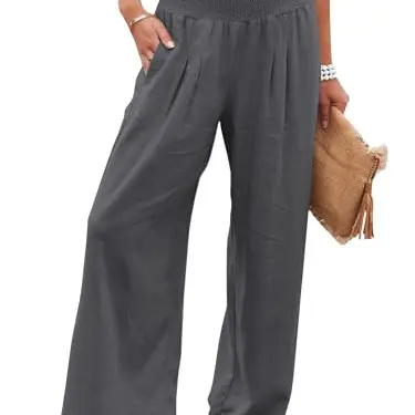 Imuedaen Damen Leinenhose Sommer Casual Weite Beinform Hohe Taille Einfarbig Dunkelgrau (L)