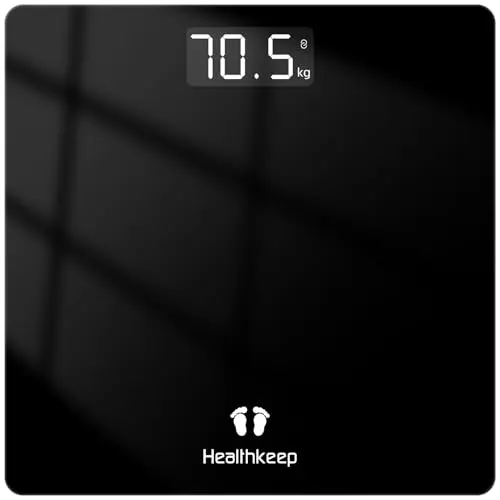 Healthkeep Personenwaage - Digitale Körperwaage bis 180 kg mit LED-Anzeige aus Sicherheitsglas, 26x26 cm, Schwarz