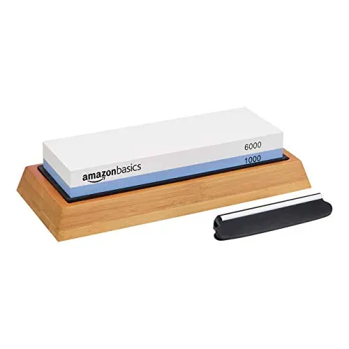 Amazon Basics Messerschärfstein, doppelseitig, 1000/6000, rutschfeste Bambusunterseite, 21,34 x 9,14 cm
