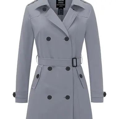 Wantdo Damen Frühlingsjacke Winddicht Slim Fit Grau mit Schulterknöpfen und Gürtel