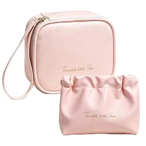 Mulaibdin Kosmetiktasche Damen Leder, klein, wasserdicht, tragbar, Geschenk (Rosa), 2 Stück