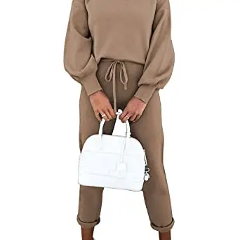Sovoyontee Damen Langarm Trainingsanzug, Pyjama-Set, Hoher Hals, Sweatshirt, Lounge-Outfit, Kaffee, Größe L